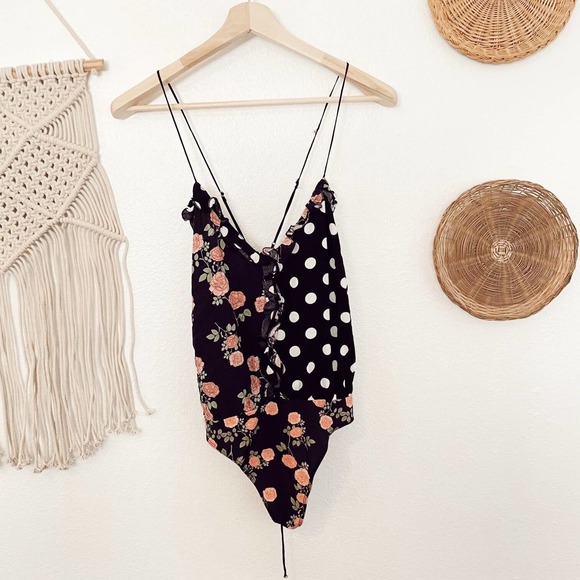 For Love And Lemons Tops - For Love & Lemon Mochi Thong Back Bodysuit Noir Roses Size M